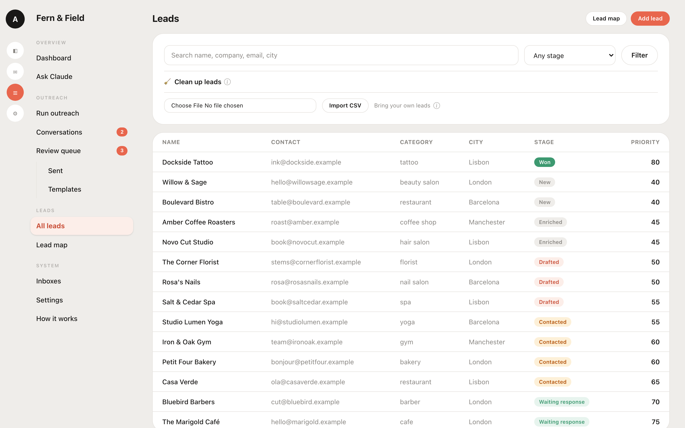 A prioritized list of local business leads in Doorstep